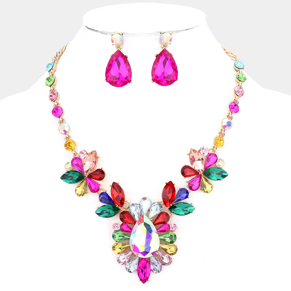 Multi-Color Crystal Teardrop Stone Cluster Pageant Necklace | Prom Necklace | 554704