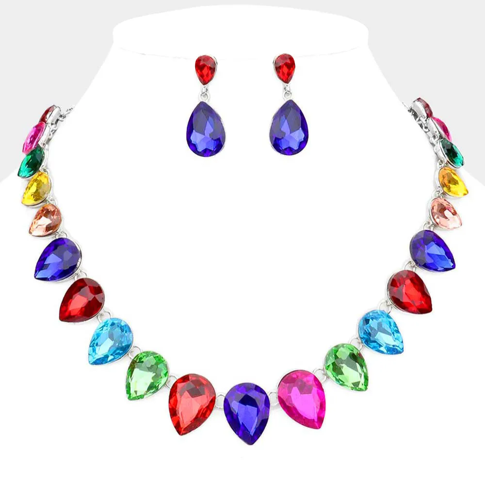 Multi-Color Crystal Teardrop Stone Link Pageant Necklace  | Evening Necklace | 529058