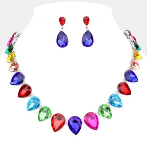Multi-Color Crystal Teardrop Stone Link Pageant Necklace  | Evening Necklace | 529058