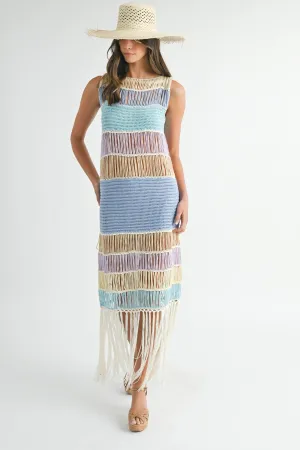 MULTI COLOR FRINGED CROCHET KNIT DRESS