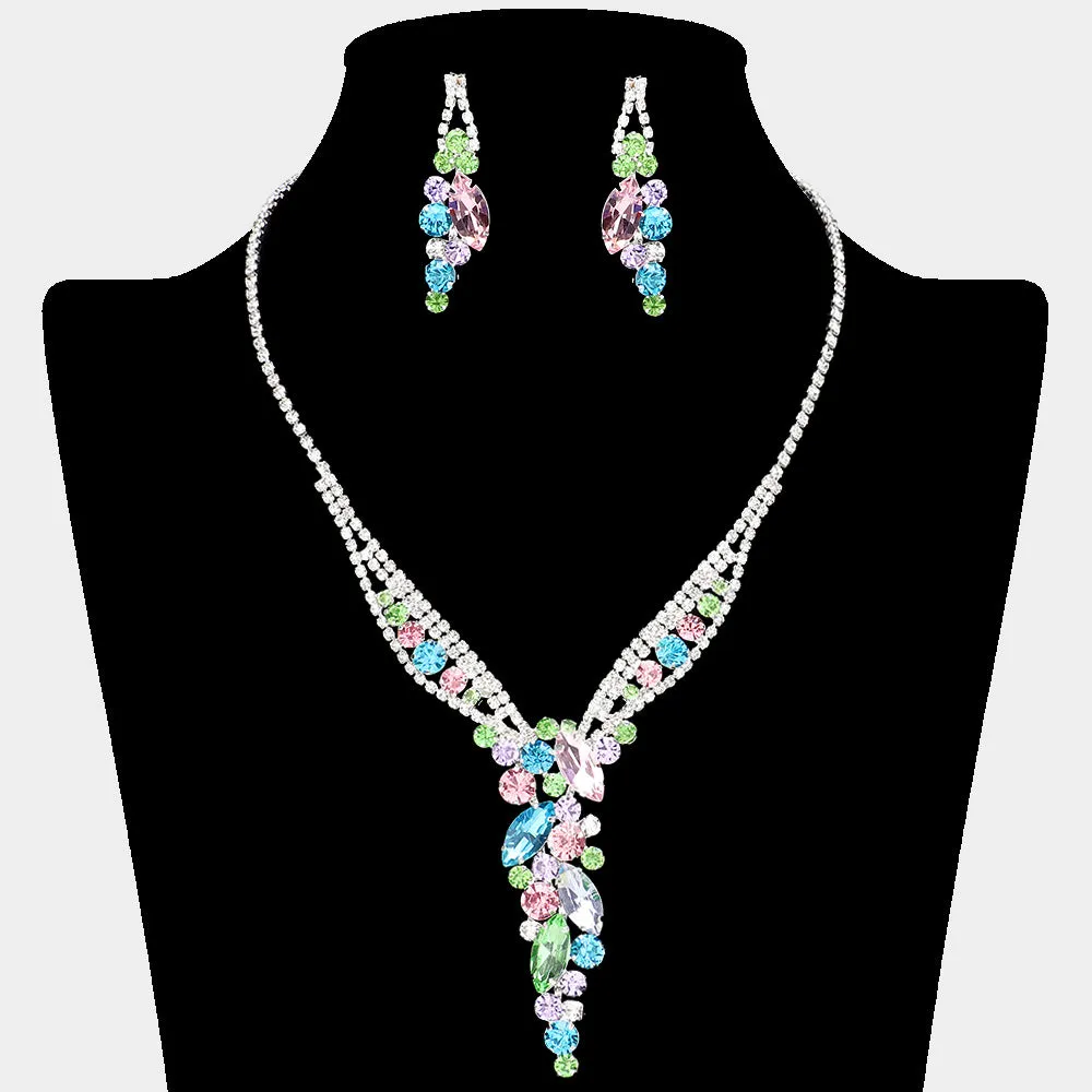 Multi Color Pastel Marquise and Round Stone Cluster Necklace Set | Multi Color Evening Necklace |  633828