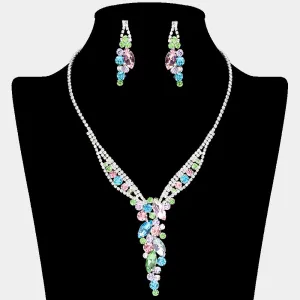 Multi Color Pastel Marquise and Round Stone Cluster Necklace Set | Multi Color Evening Necklace |  633828