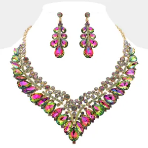 Multi-Color Teardrop Marquise and Round Stone Evening Necklace Set  | Crystal Statement Necklace Set |  645270