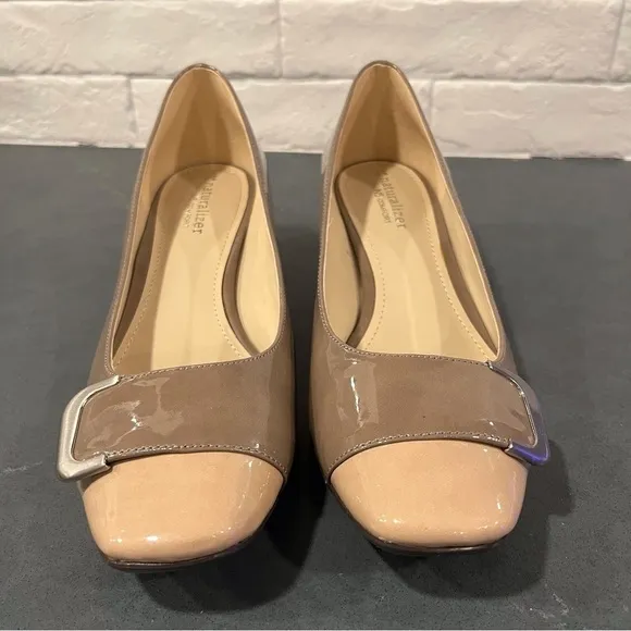 Naturalizer sz 8.5 Xavier taupe and cream faux leather heeled loafer
