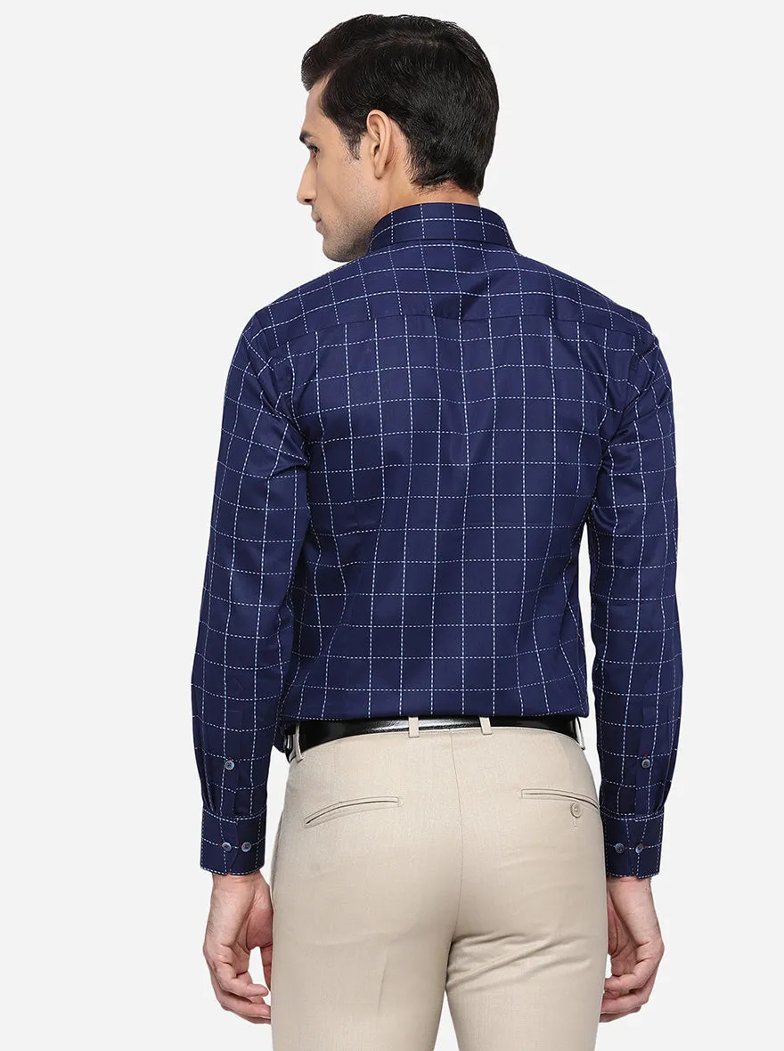 Navy Blue Checked Slim Fit Formal Shirt | Metal