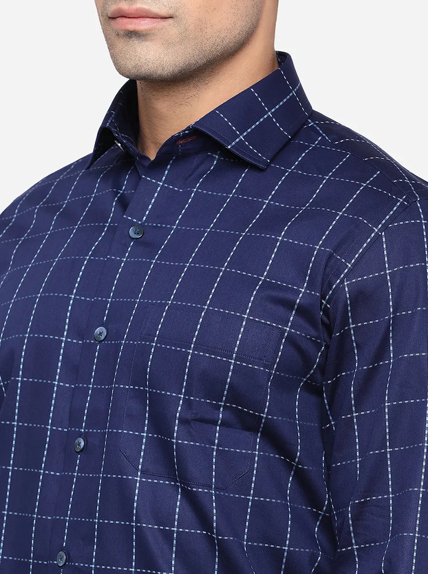 Navy Blue Checked Slim Fit Formal Shirt | Metal