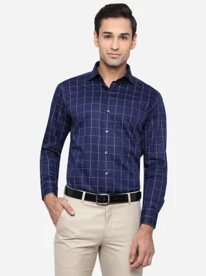 Navy Blue Checked Slim Fit Formal Shirt | Metal