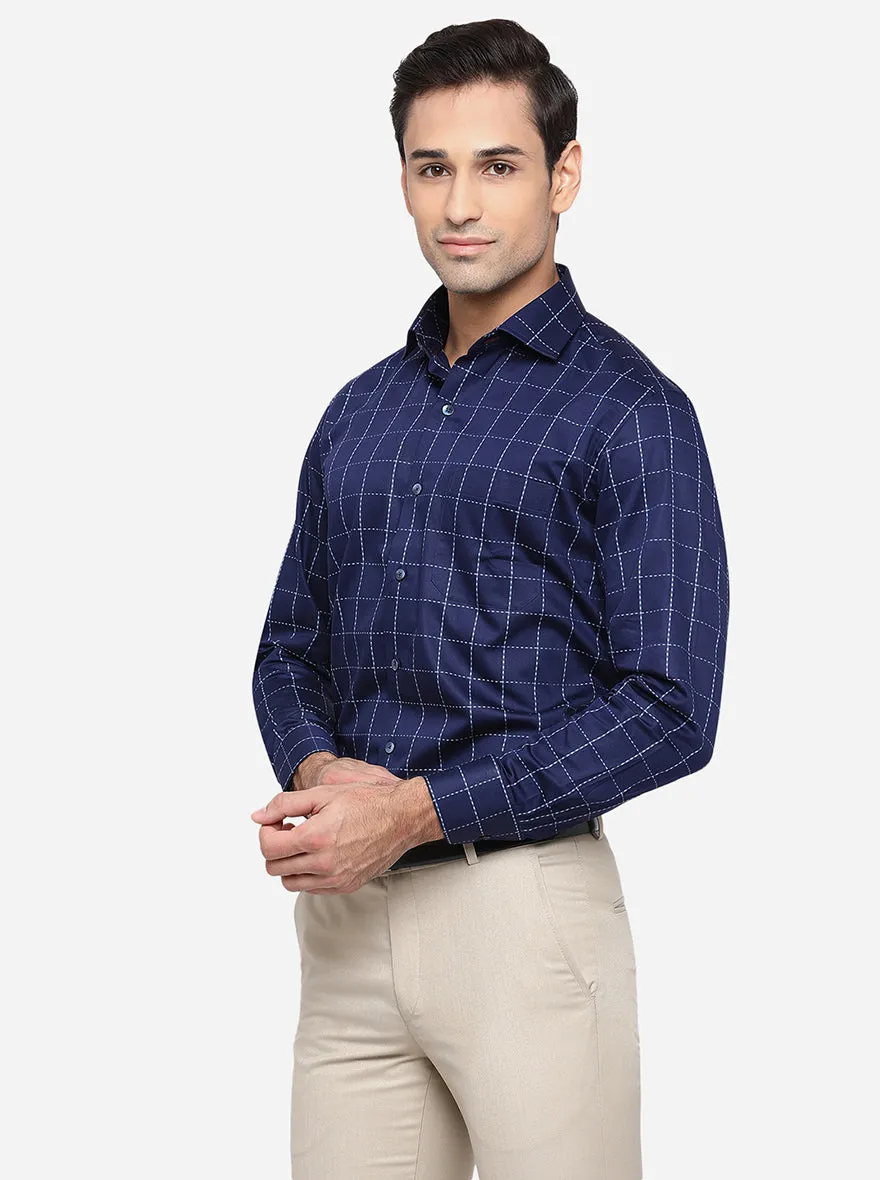 Navy Blue Checked Slim Fit Formal Shirt | Metal