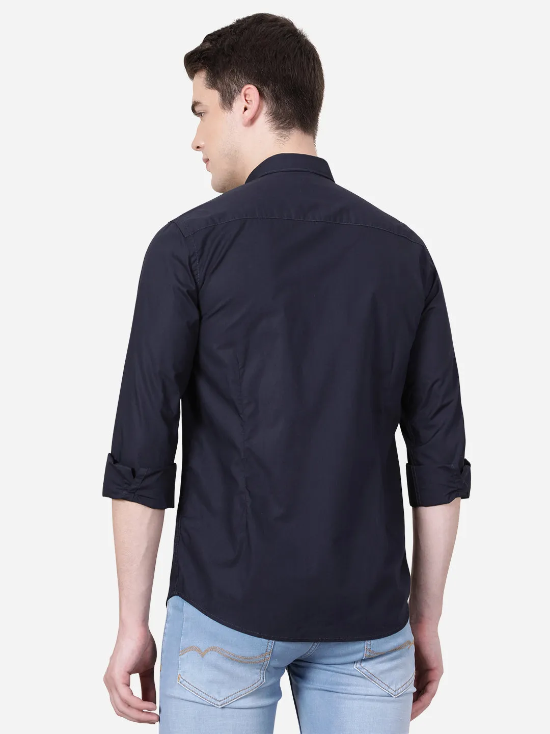 Navy Blue Solid Slim Fit Casual Shirt | JadeBlue