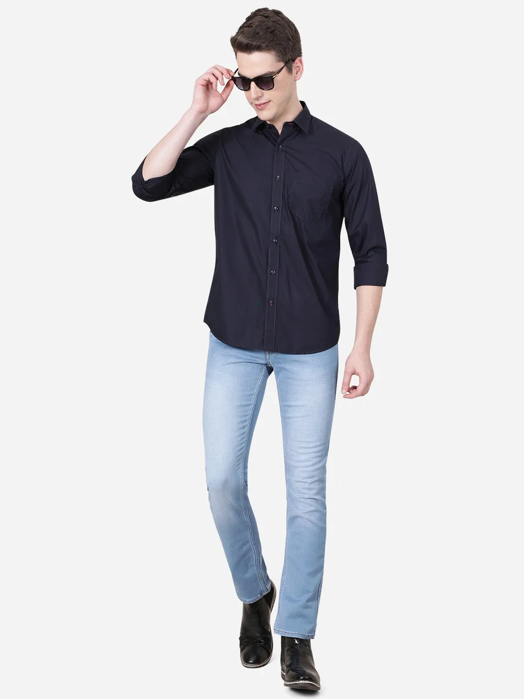 Navy Blue Solid Slim Fit Casual Shirt | JadeBlue