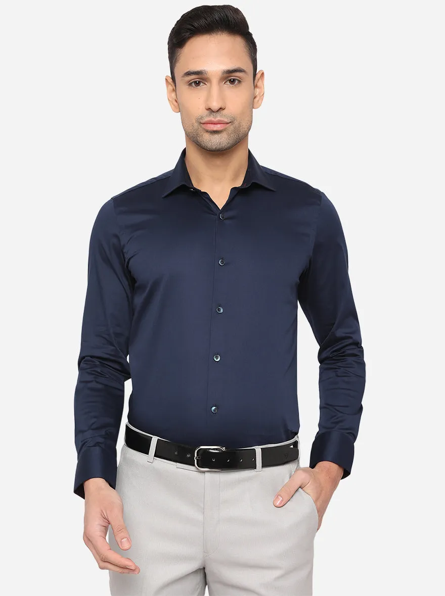Navy Blue Solid Slim Fit Party Wear Shirt | Wyre
