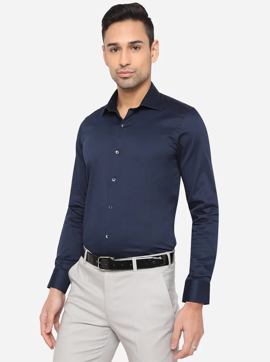 Navy Blue Solid Slim Fit Party Wear Shirt | Wyre
