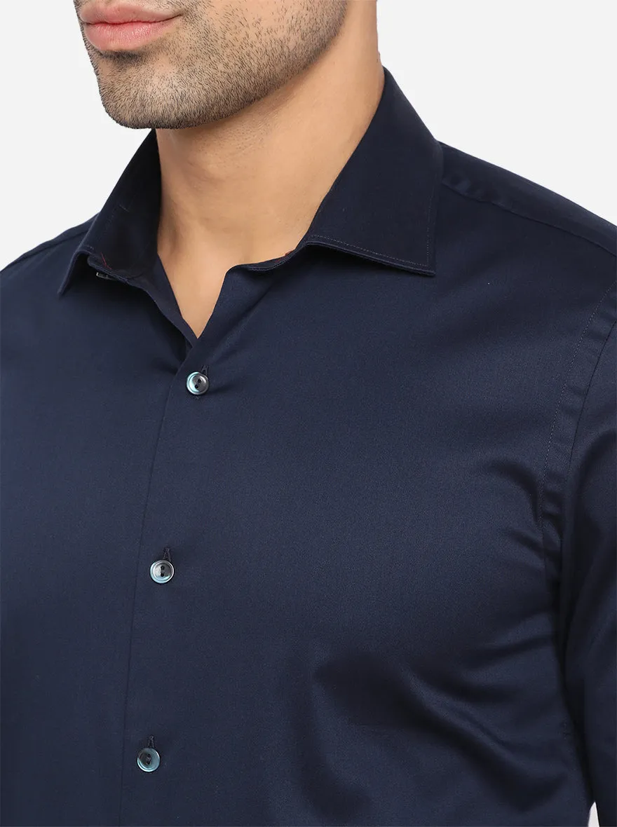 Navy Blue Solid Slim Fit Party Wear Shirt | Wyre