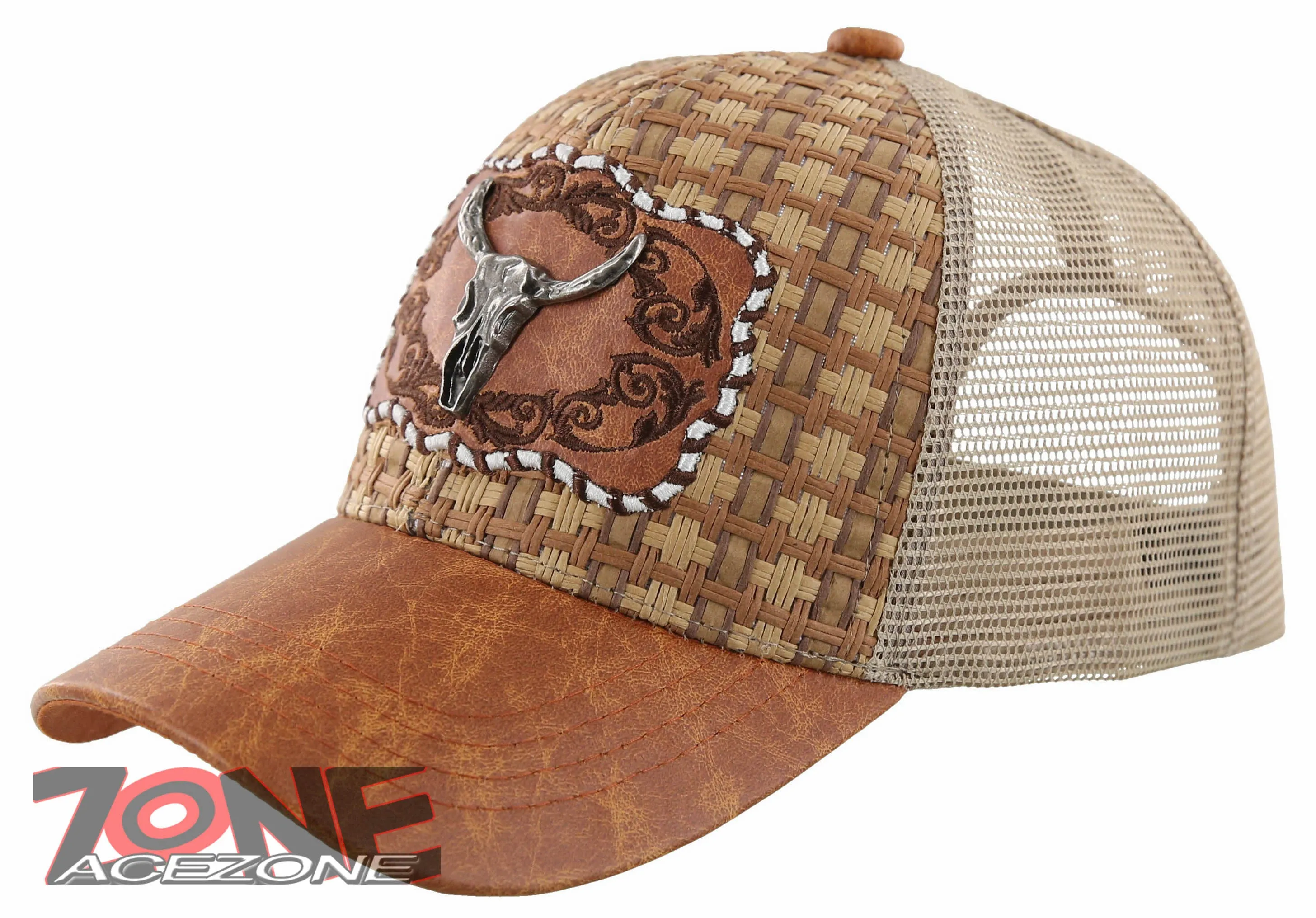 NEW! STRAW MESH METAL SKULL HORN FAUX LEATHER BALL CAP HAT TAN