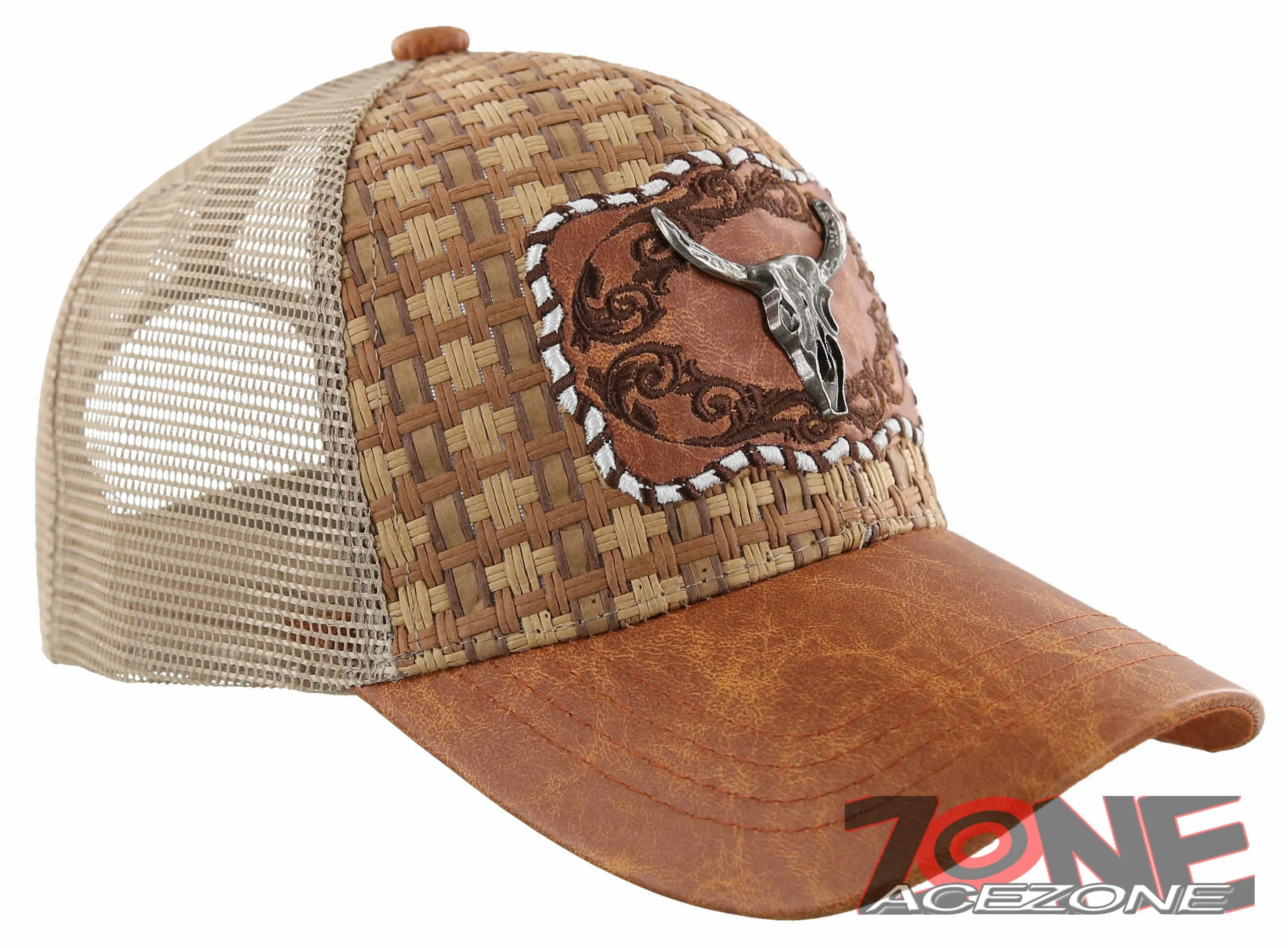 NEW! STRAW MESH METAL SKULL HORN FAUX LEATHER BALL CAP HAT TAN