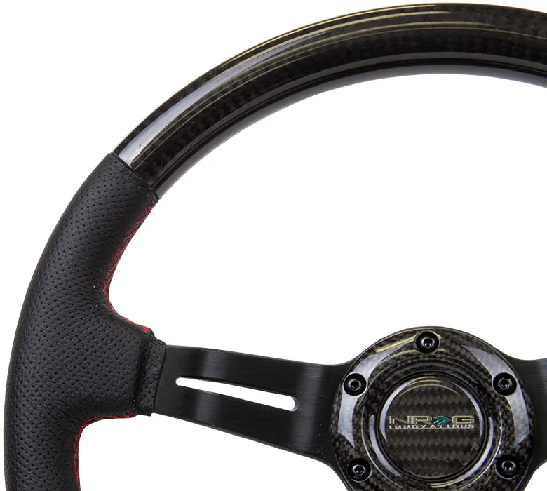 NRG ST-010CFRS 350mm 1.5" Deep Red Stitching Carbon Fiber Steering Wheel with Leather Accent