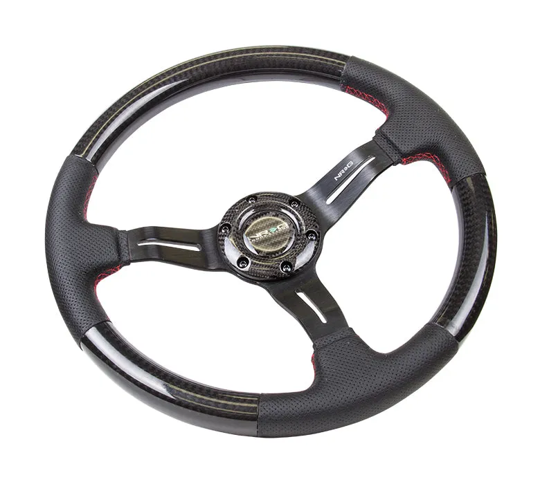 NRG ST-010CFRS 350mm 1.5" Deep Red Stitching Carbon Fiber Steering Wheel with Leather Accent