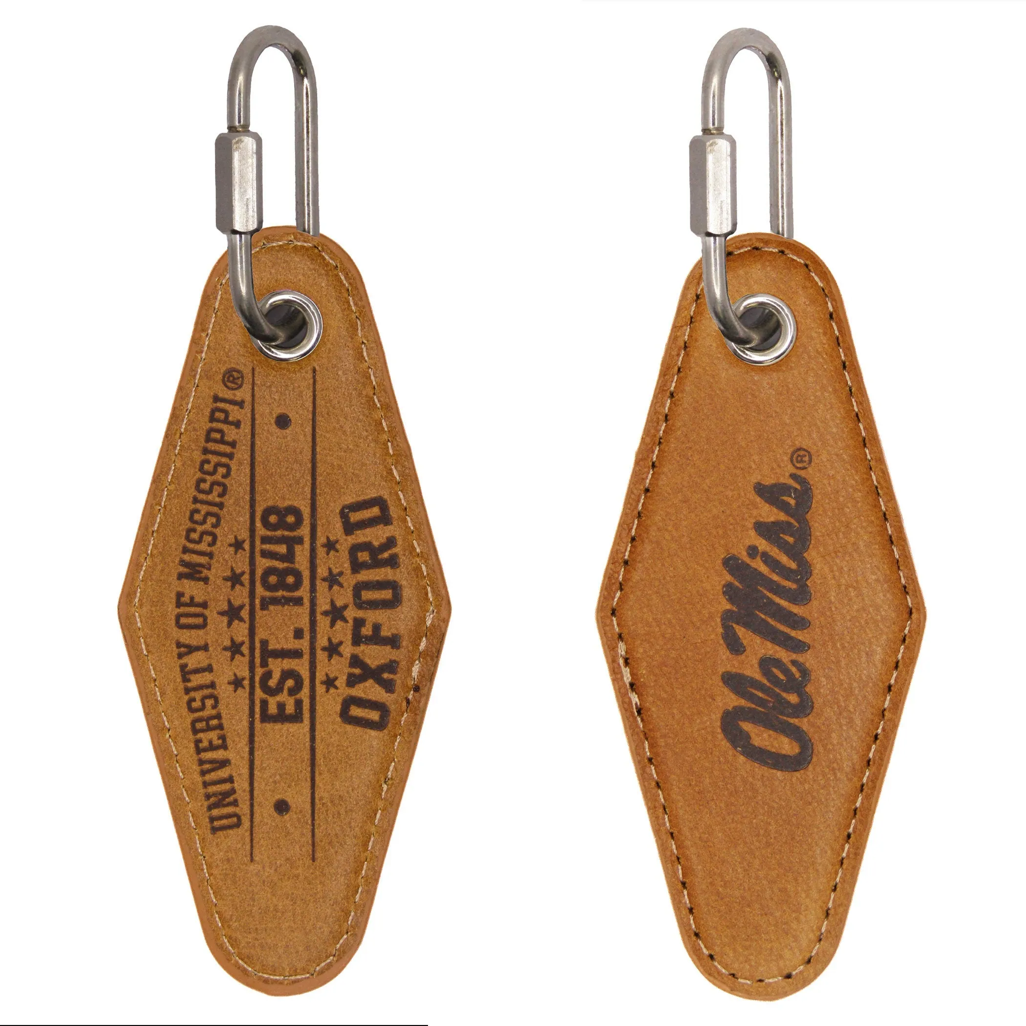 Ole Miss Rebels Collegiate Vintage Full Grain Leather Key Fob. Brown Burnished and Tan Embossed Key Ring.