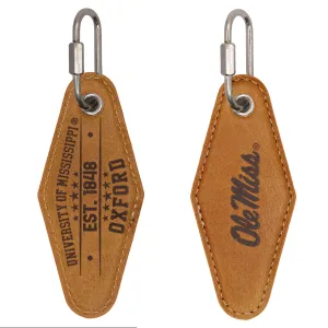 Ole Miss Rebels Collegiate Vintage Full Grain Leather Key Fob. Brown Burnished and Tan Embossed Key Ring.