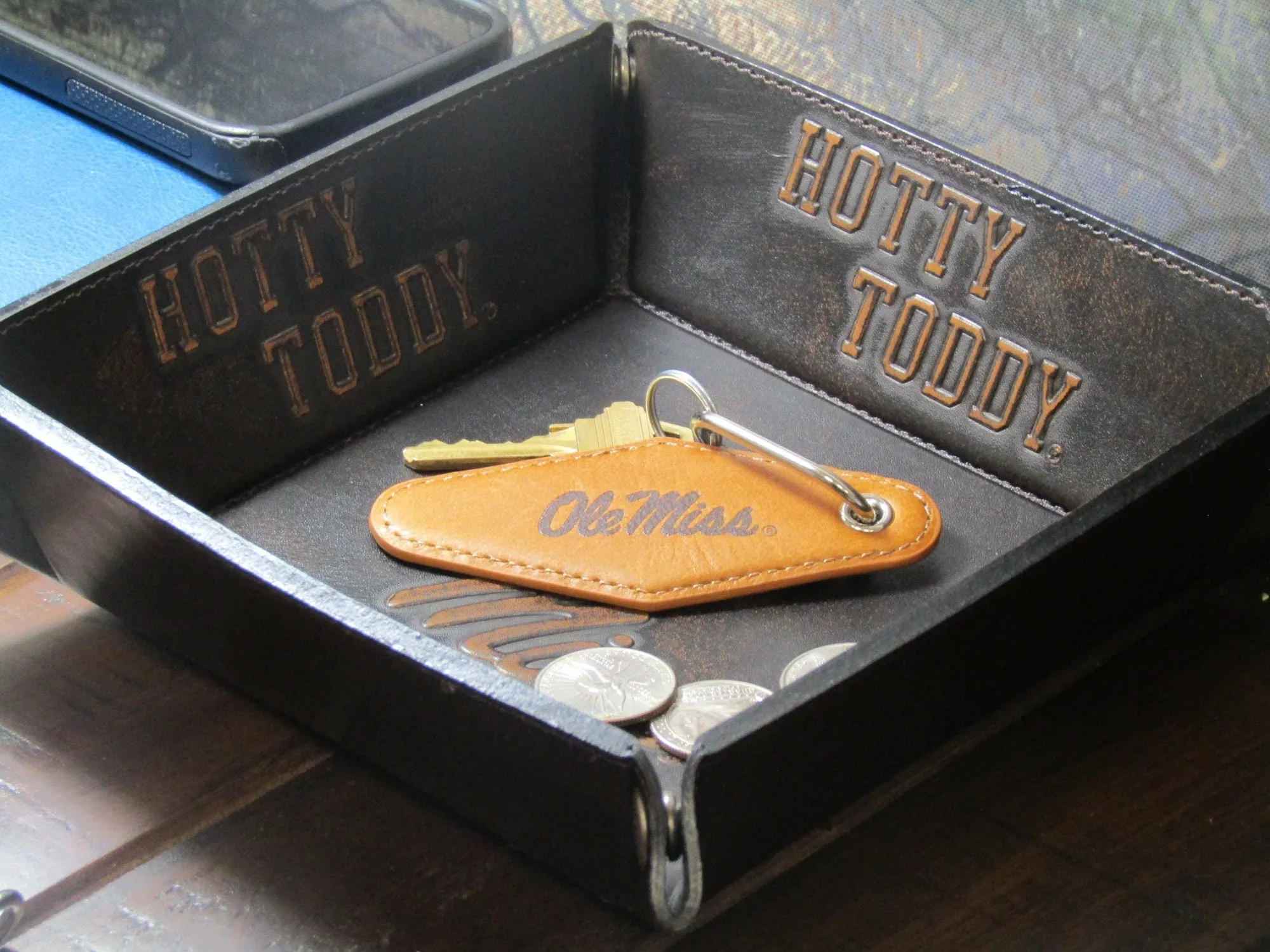 Ole Miss Rebels Collegiate Vintage Full Grain Leather Key Fob. Brown Burnished and Tan Embossed Key Ring.