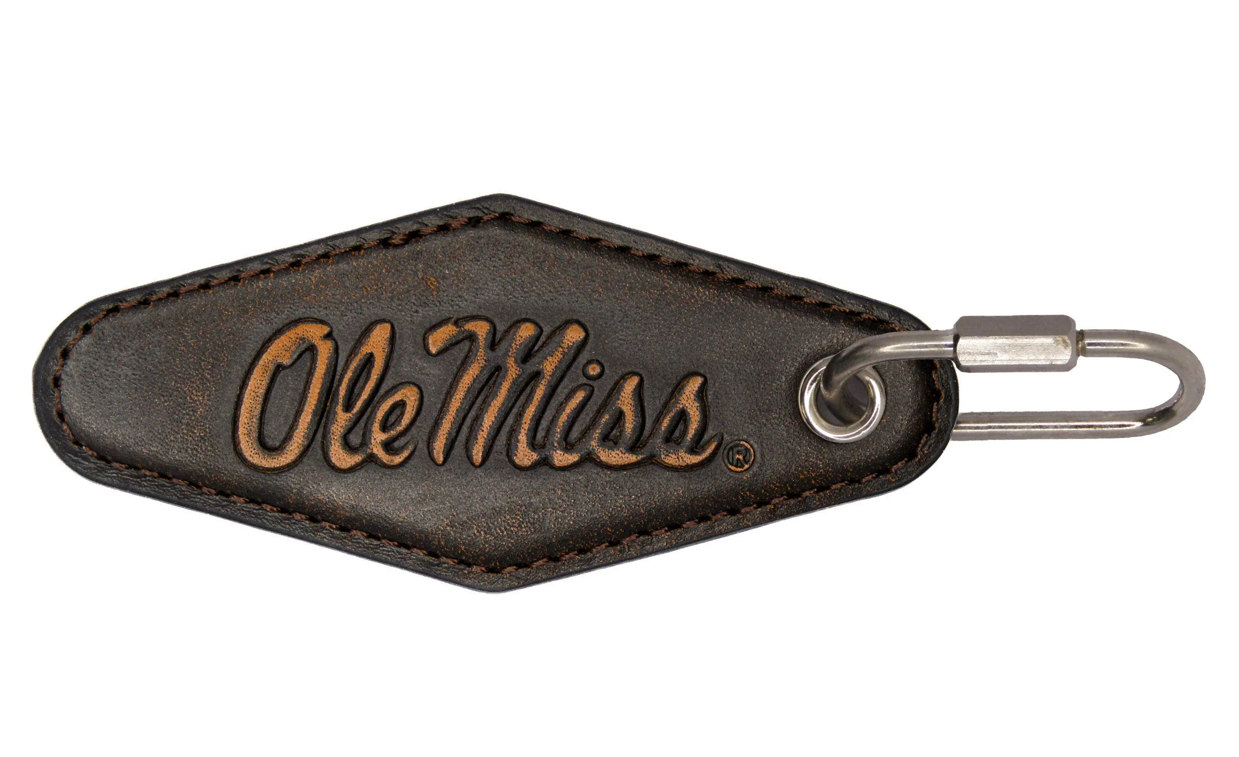 Ole Miss Rebels Collegiate Vintage Full Grain Leather Key Fob. Brown Burnished and Tan Embossed Key Ring.