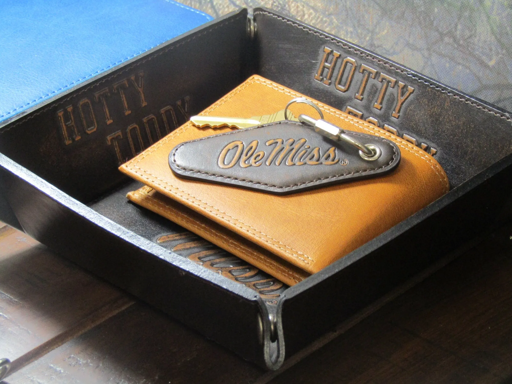 Ole Miss Rebels Collegiate Vintage Full Grain Leather Key Fob. Brown Burnished and Tan Embossed Key Ring.