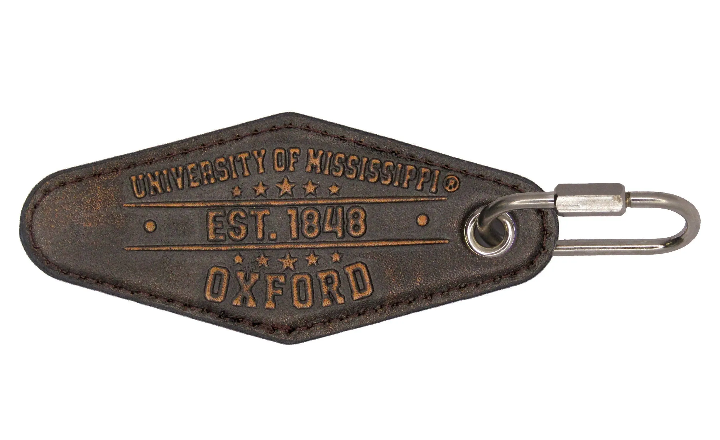 Ole Miss Rebels Collegiate Vintage Full Grain Leather Key Fob. Brown Burnished and Tan Embossed Key Ring.