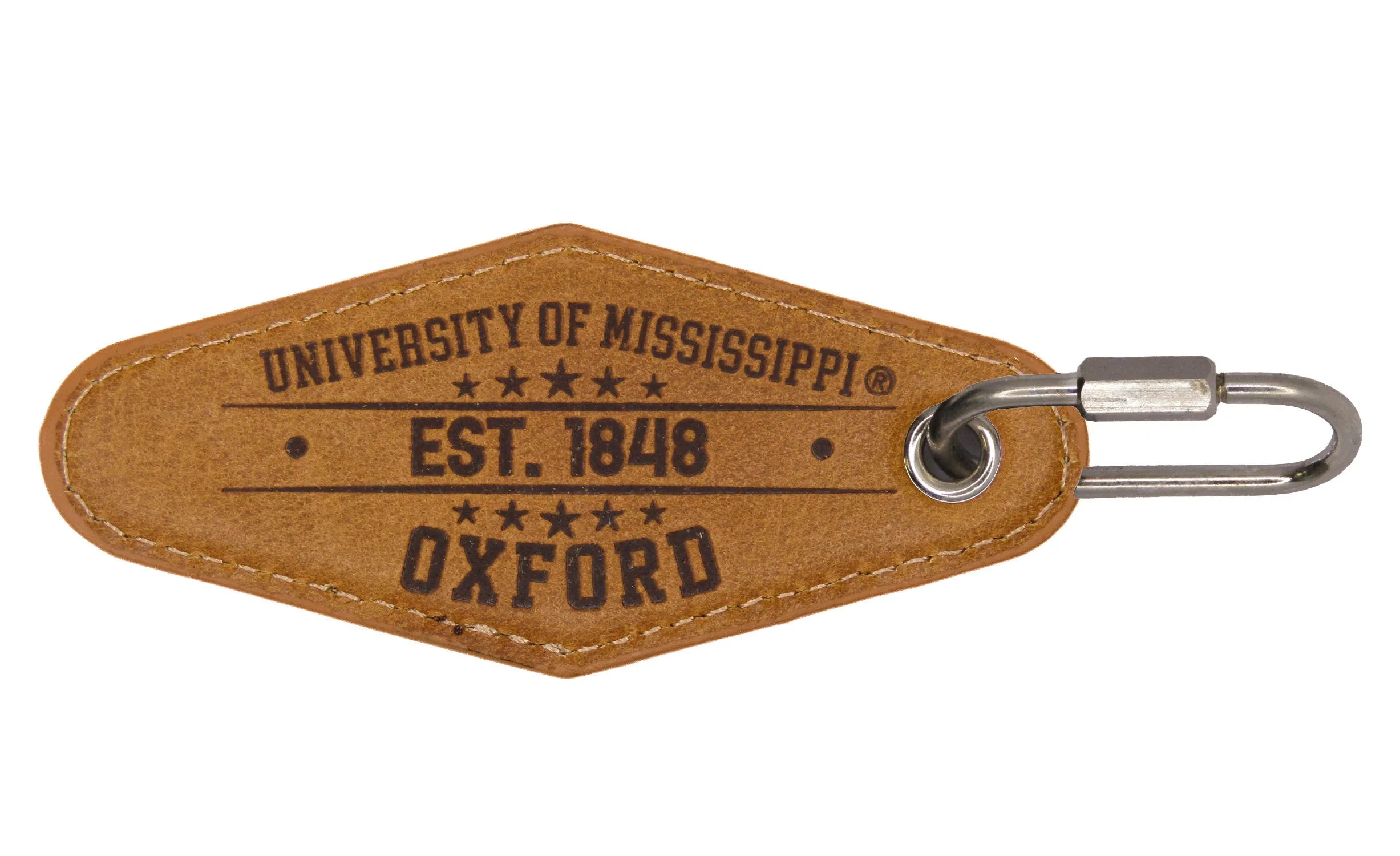 Ole Miss Rebels Collegiate Vintage Full Grain Leather Key Fob. Brown Burnished and Tan Embossed Key Ring.