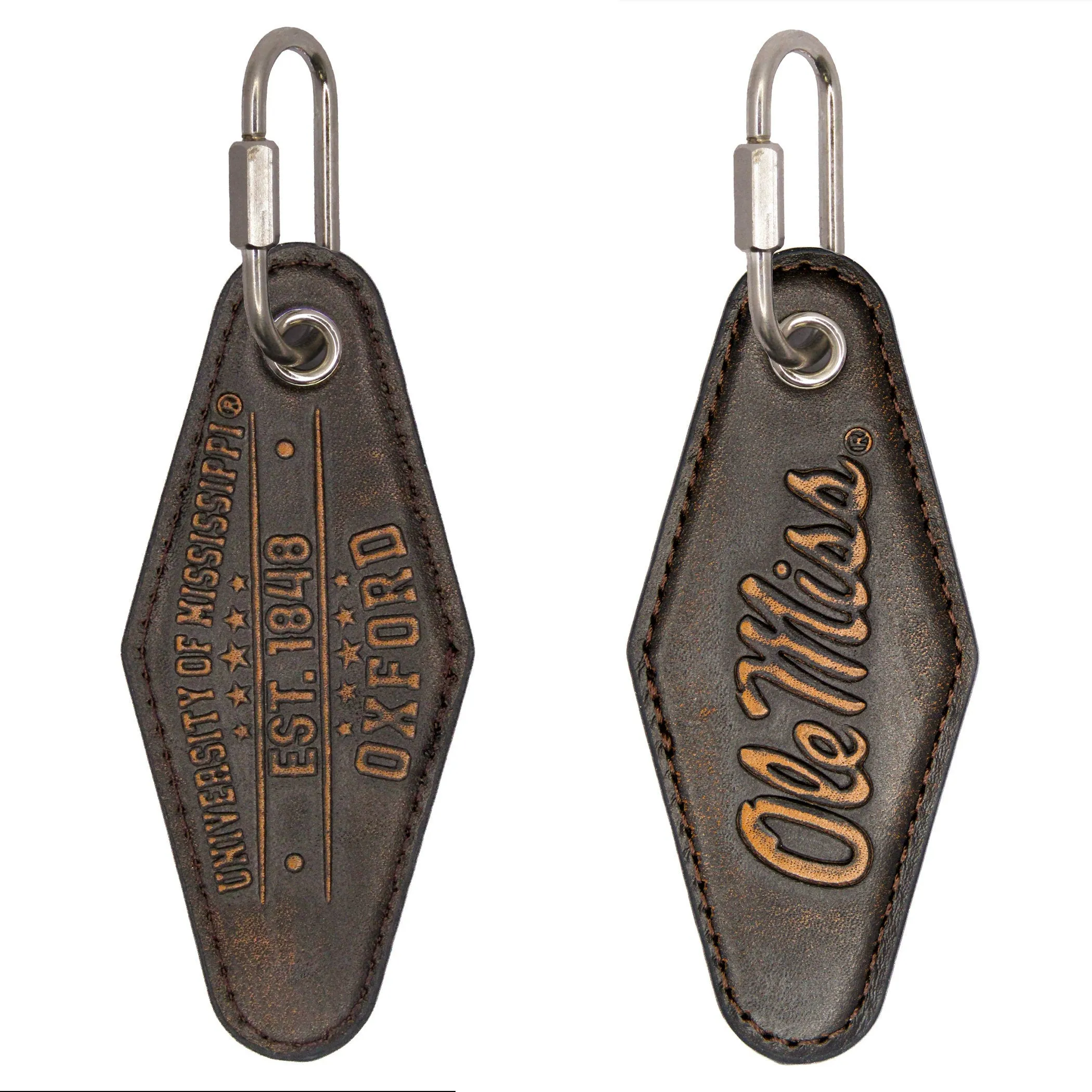Ole Miss Rebels Collegiate Vintage Full Grain Leather Key Fob. Brown Burnished and Tan Embossed Key Ring.