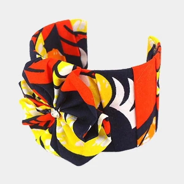 Patterned Orange Fabric Flower Accented Cuff Bracelet