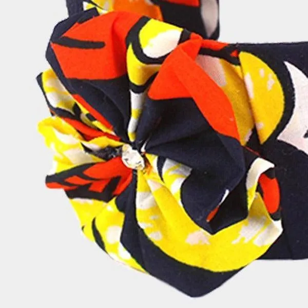 Patterned Orange Fabric Flower Accented Cuff Bracelet