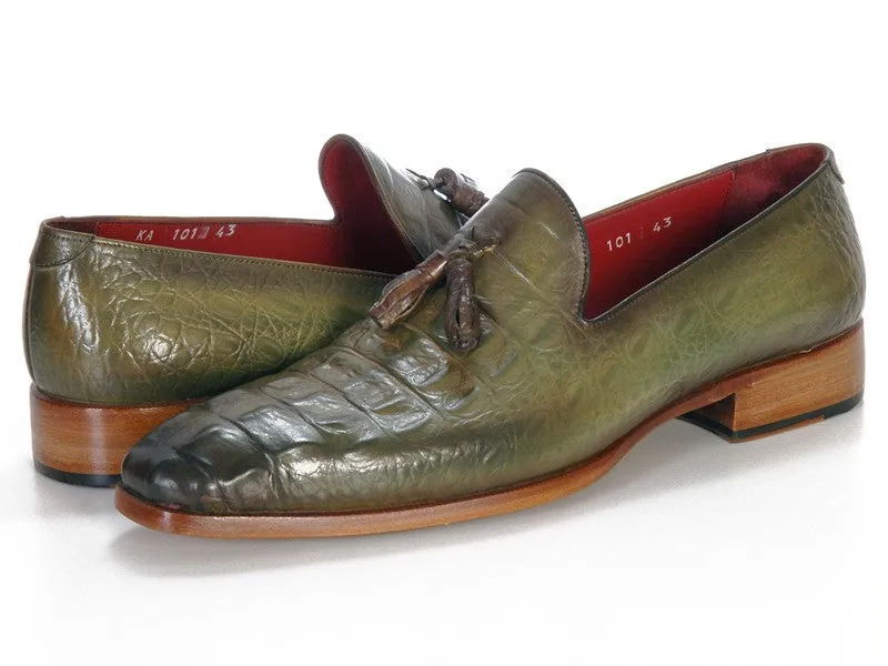 Paul Parkman Men's Croco-Embossed Calfskin Tassel Loafers in Green