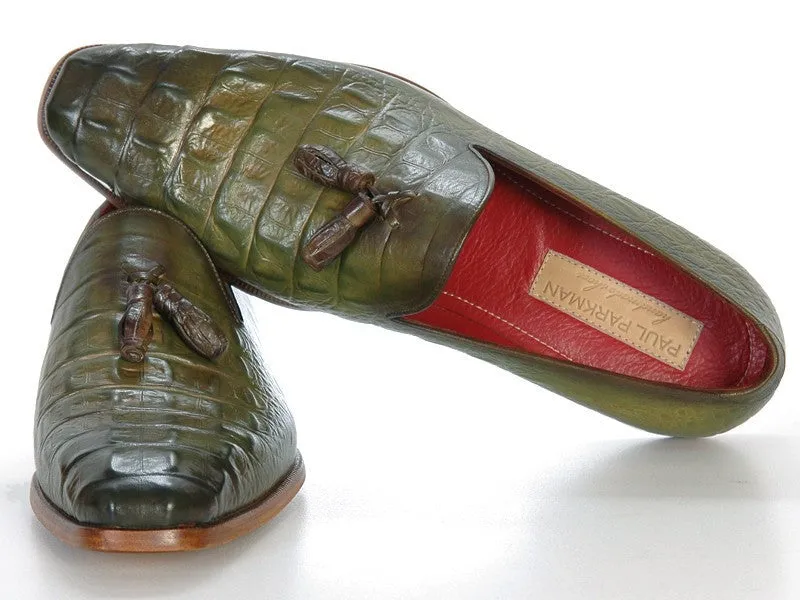 Paul Parkman Men's Croco-Embossed Calfskin Tassel Loafers in Green