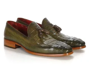 Paul Parkman Men's Croco-Embossed Calfskin Tassel Loafers in Green