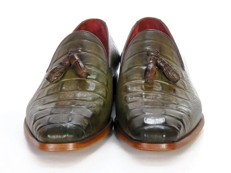 Paul Parkman Men's Croco-Embossed Calfskin Tassel Loafers in Green