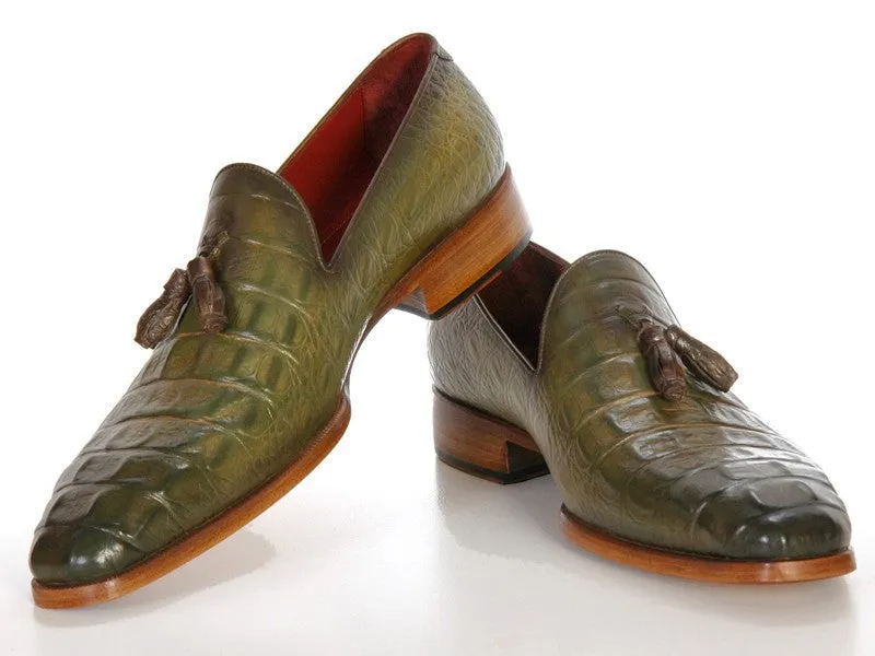 Paul Parkman Men's Croco-Embossed Calfskin Tassel Loafers in Green