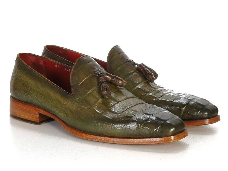 Paul Parkman Men's Croco-Embossed Calfskin Tassel Loafers in Green