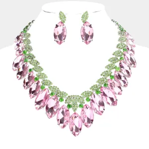 Pink & Green Crystal Marquise Stone Statement Necklace  | 584369