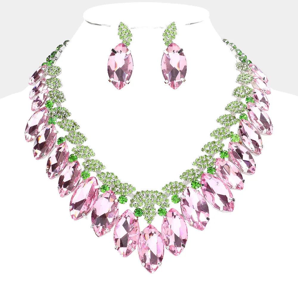 Pink & Green Crystal Marquise Stone Statement Necklace  | 584369