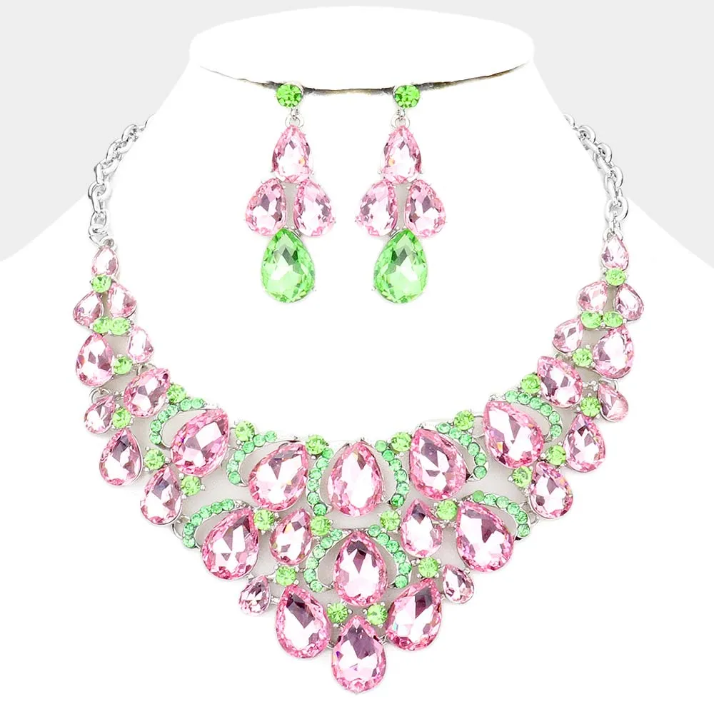 Pink & Green Crystal Teardrop Cluster Pageant Necklace  | Statement Necklace | 529849