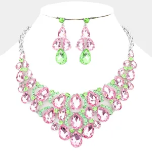Pink & Green Crystal Teardrop Cluster Pageant Necklace  | Statement Necklace | 529849