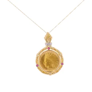 PT900/18K YG Ruby & Diamond 1912 Indian Head Coin Pendant