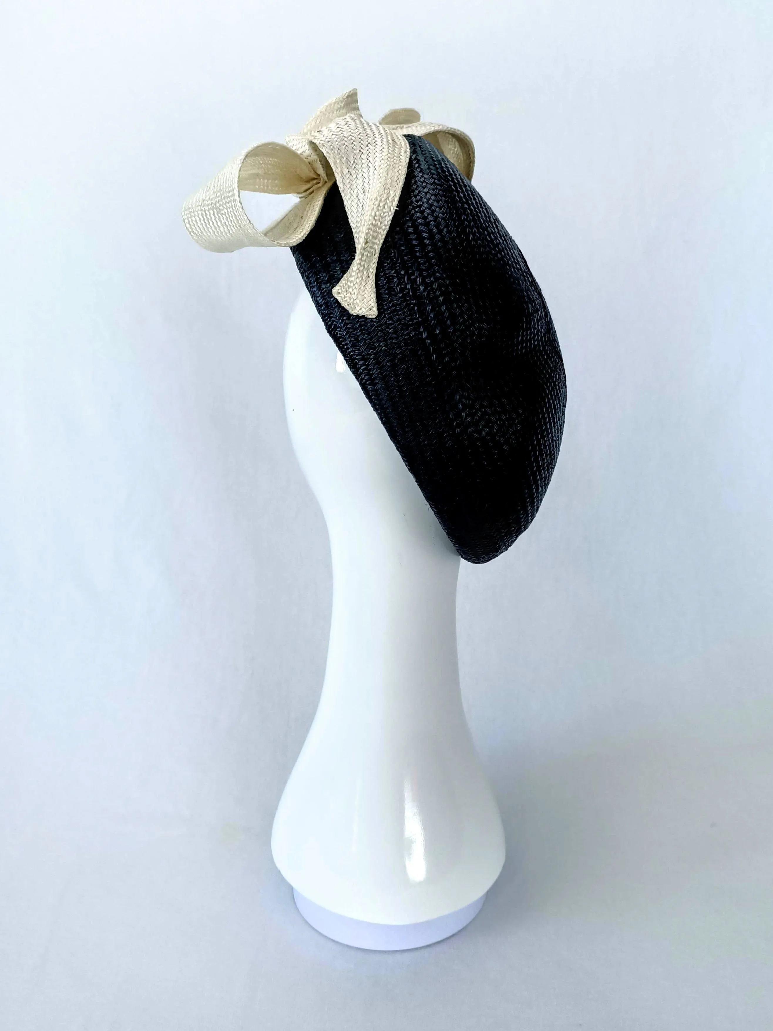 "Suzette" Black Buntal Straw Beret With A White Swirly Oversized Bow