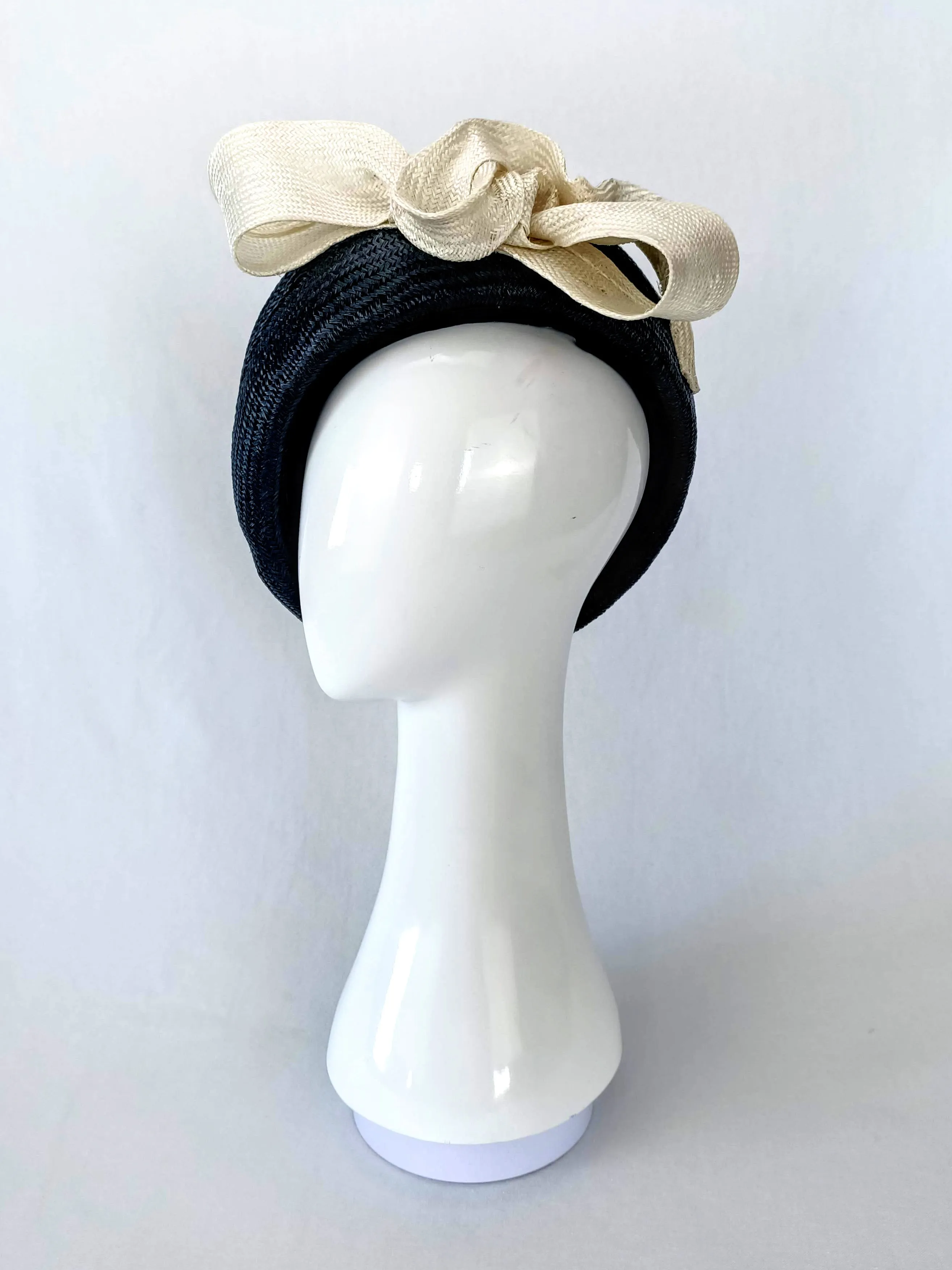 "Suzette" Black Buntal Straw Beret With A White Swirly Oversized Bow