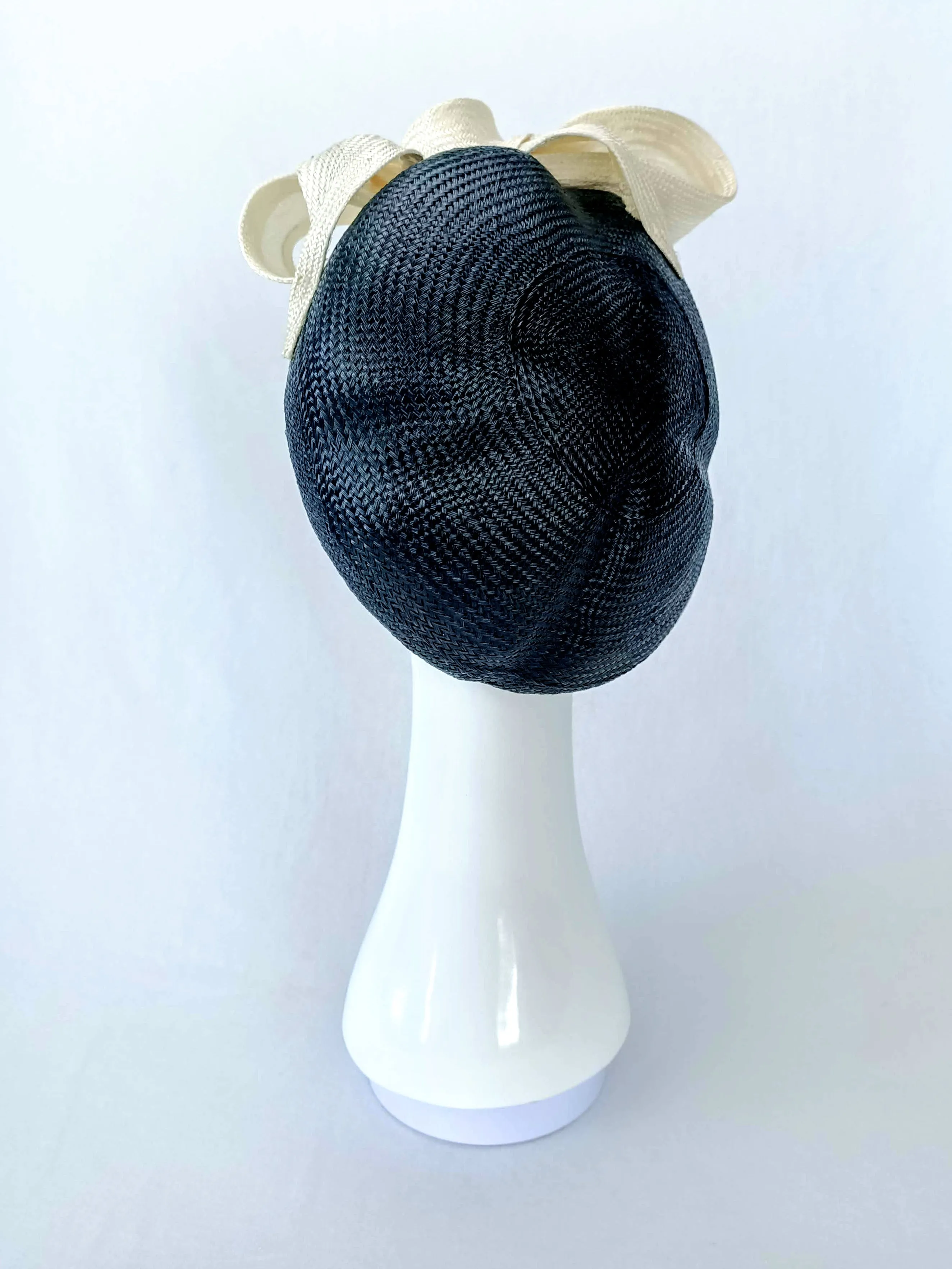 "Suzette" Black Buntal Straw Beret With A White Swirly Oversized Bow