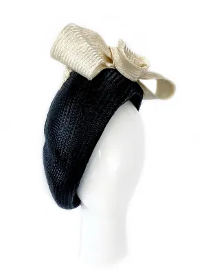 "Suzette" Black Buntal Straw Beret With A White Swirly Oversized Bow