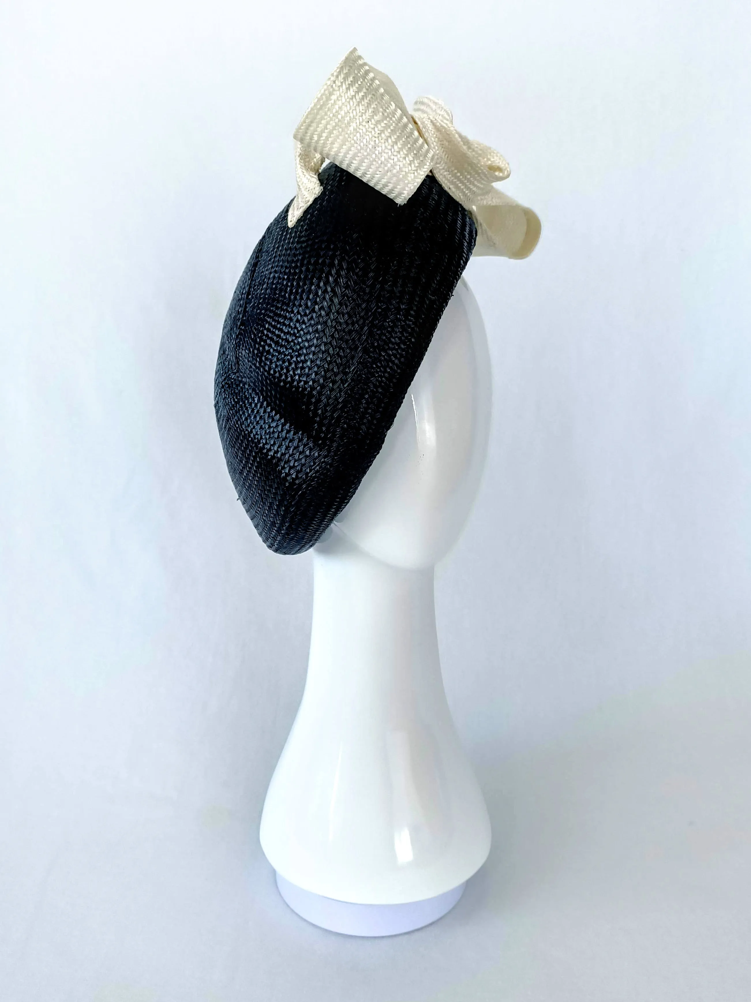 "Suzette" Black Buntal Straw Beret With A White Swirly Oversized Bow