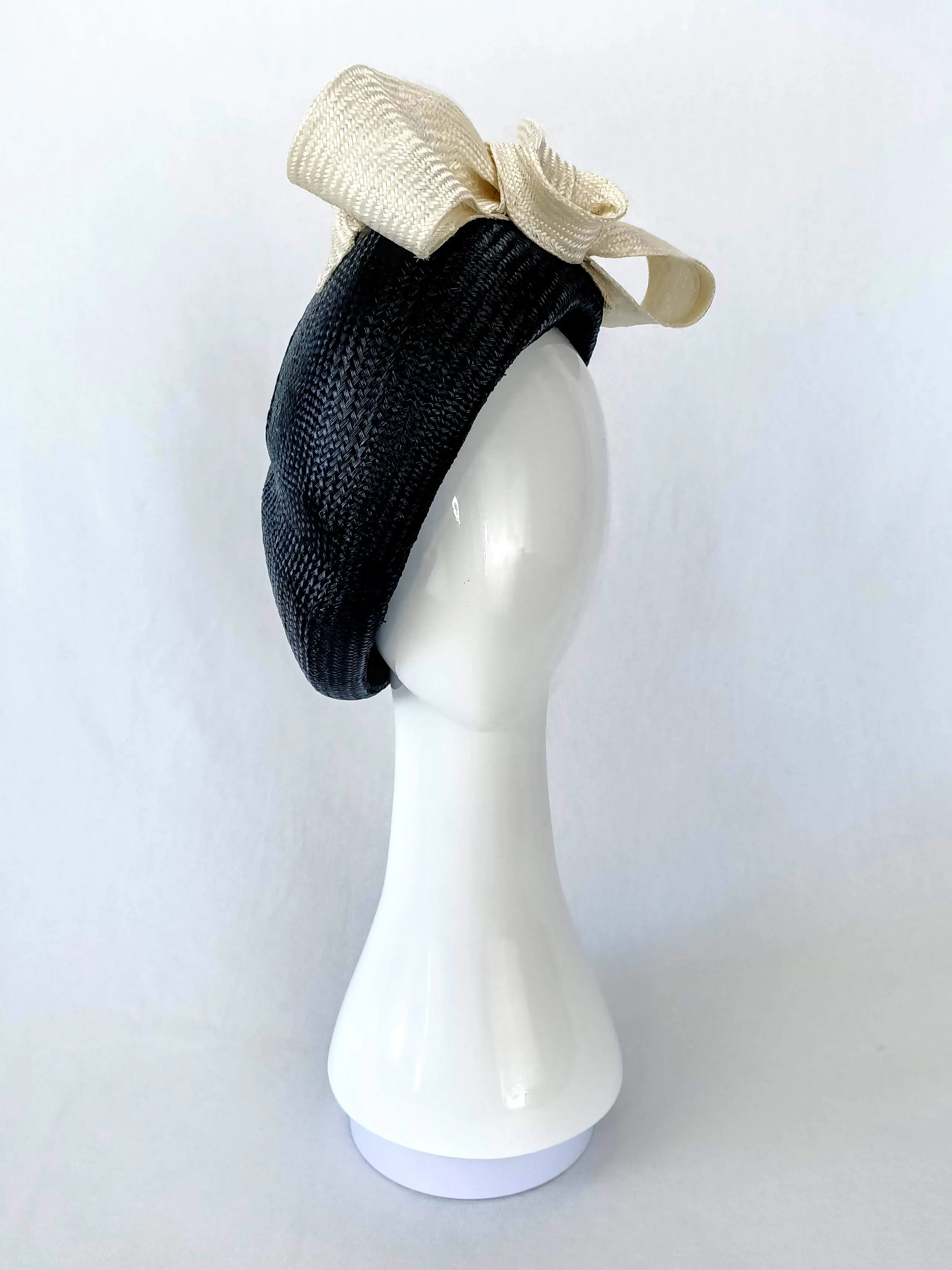 "Suzette" Black Buntal Straw Beret With A White Swirly Oversized Bow