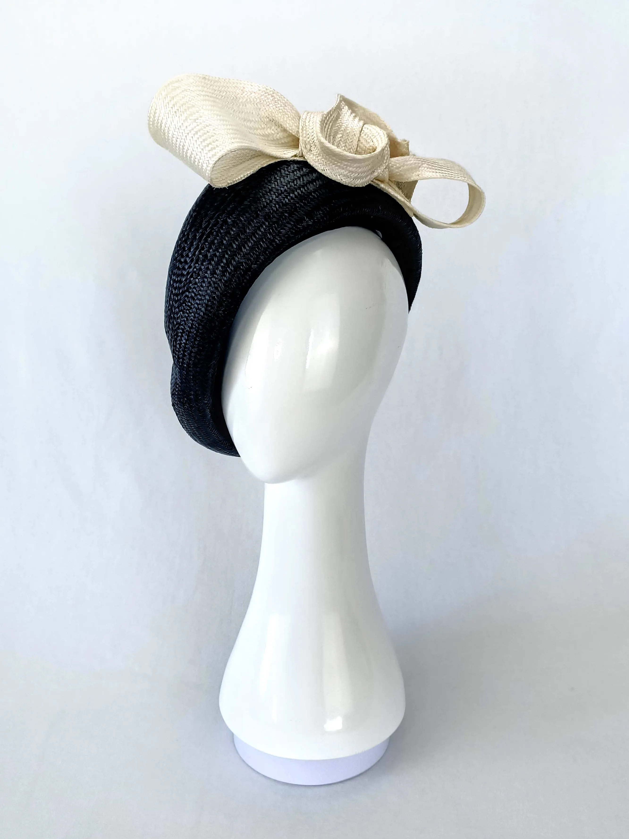 "Suzette" Black Buntal Straw Beret With A White Swirly Oversized Bow