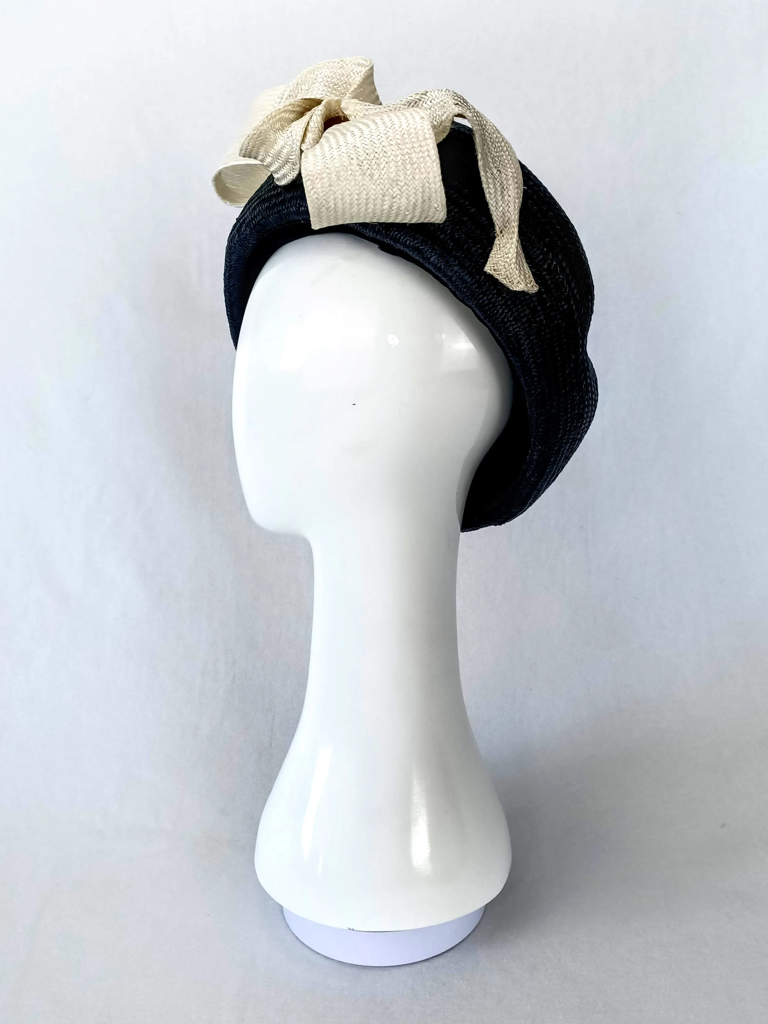 "Suzette" Black Buntal Straw Beret With A White Swirly Oversized Bow